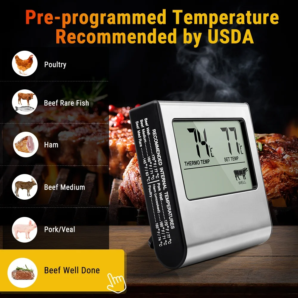 Digital Barbecue Meat Thermometer for Oven Thermomet with Timer Meat Probe Cooking Kitchen Thermometer for Meat Food Thermometer