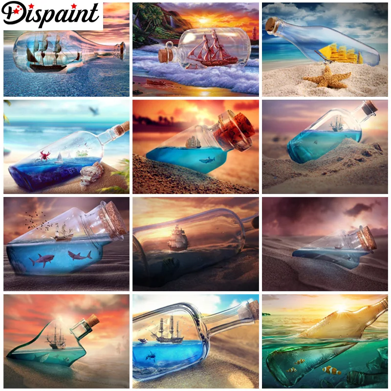 

Полноформатная Алмазная вышивка Dispaint, «сделай сам», 5D алмазная живопись, вышивка крестиком, пейзаж, бутылка, пляж, закат, полная Алмазная картина, украшение для дома и комнаты