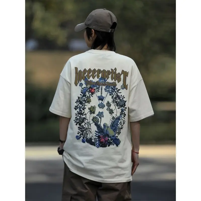 

Heavy cotton summer dress American style high street printed floral short-sleeved T-shirt couple niche loose tops men's fashion