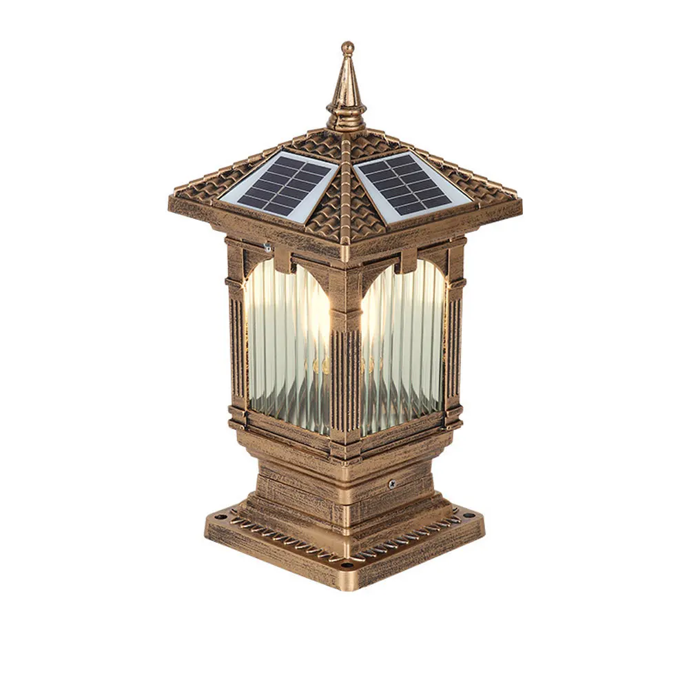 

Square Striped Glass Post Lamp Outdoor Waterproof Solar Column Lights Garden Wall Decoration Post Lantern RC Three Color Light