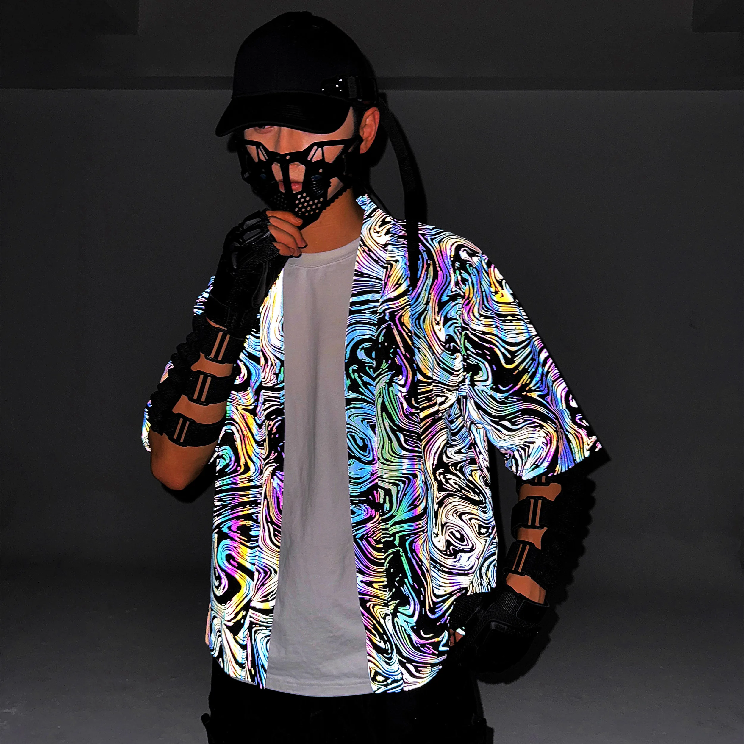 Men Autumn Colorful Reflective Punk Hip Hop Short Sleeve Shirt Japanese Style Knitted Cardigan Kimono