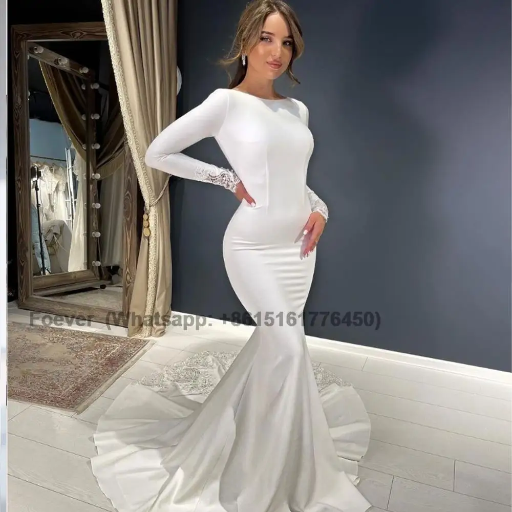 

Satin Wedding Dresses 2024 Women Sexy Lace Long Sleeve Customsize Gown Elegant A-Line Simple White Bridal Dress robe de mariée