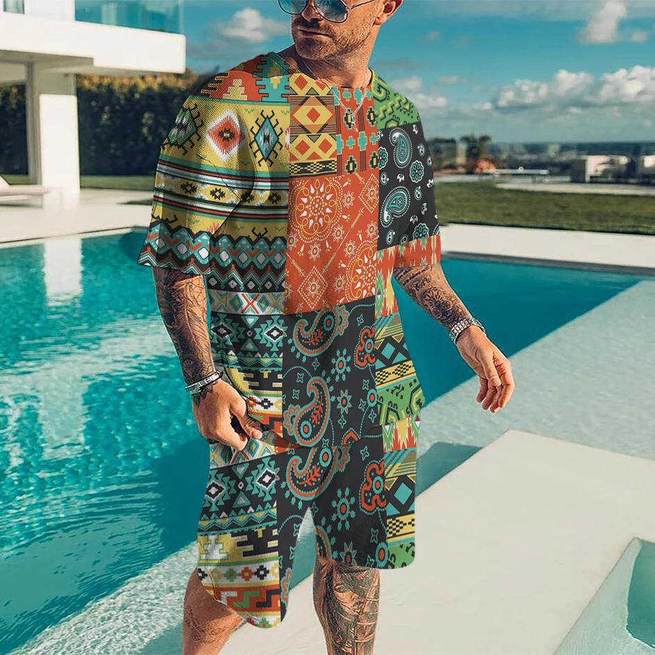 

Men's Summer Set Casual Stylish Tracksuit 2 Pieces T-Shirt Shorts Bohemian Style Suits Fashion Clothing Male Outfit Streetwear
