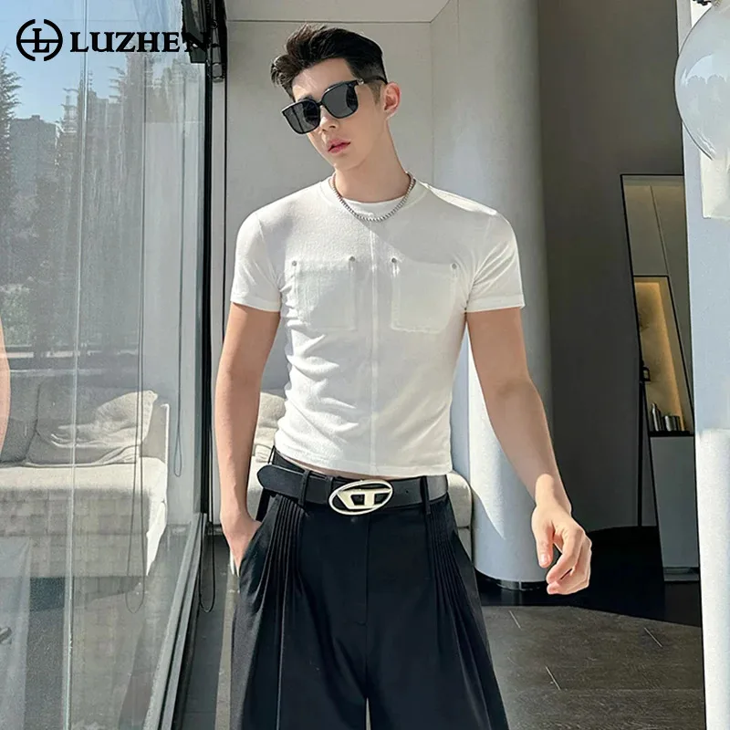 

LUZHEN, корейские летние футболки с заклепками и металлическим сращиванием, приталенные футболки с коротким рукавом, оригинальные модные уличные Топы LZ3527