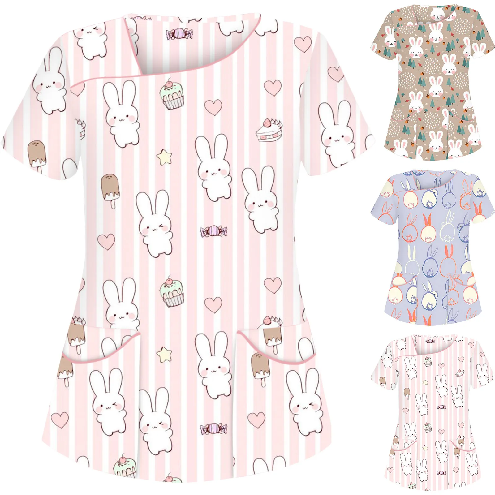 

Happy Easter Women Nurse Uniform T-shirt Top Rabbit Printing Enfermera Short Sleeve Neck Tops Working Uniform Pocket Shirts