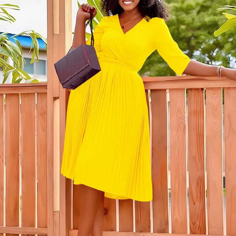 

Elegant Office Ladies Pleated Dresses for Women V Neck Half Sleeve High Waisted Mid Calf Professional Office Work Vestidos Mujer