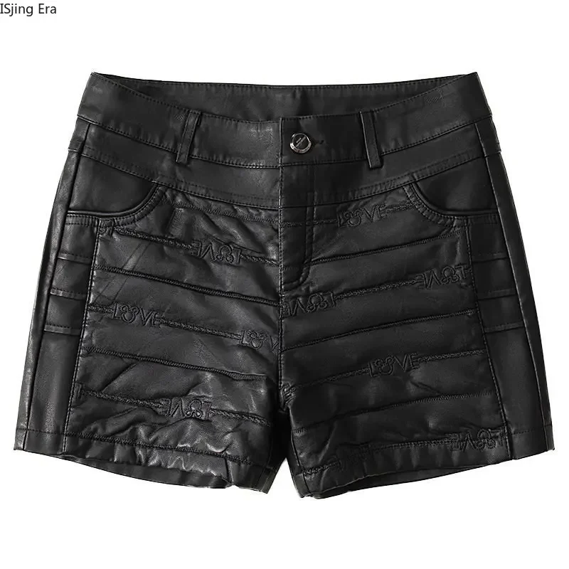 New High Waist PU Shorts Women 2023 Fashion Embroidery Slim Fit Leather Shorts