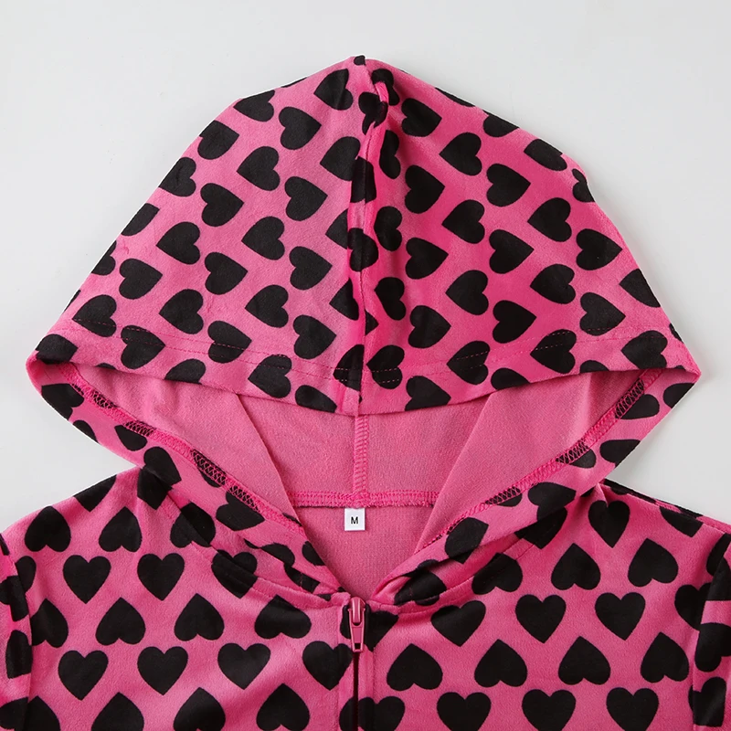 Chaqueta de terciopelo con estampado de corazón Y2K con capucha, estilo dulce rosa, abrigo de otoño con cremallera y bolsillo, ropa de abrigo ajustada retro bonita para invierno