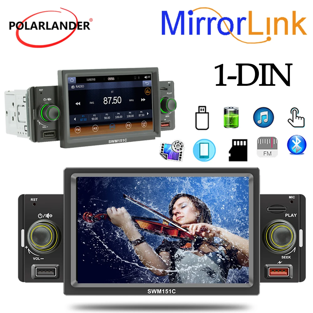 

1 Din Car Radio MP5 player FM Bluetooth IPS Touch Screen Android Auto/Apple CarPlay USB SD TF 5'' Hands-free Mirror Link