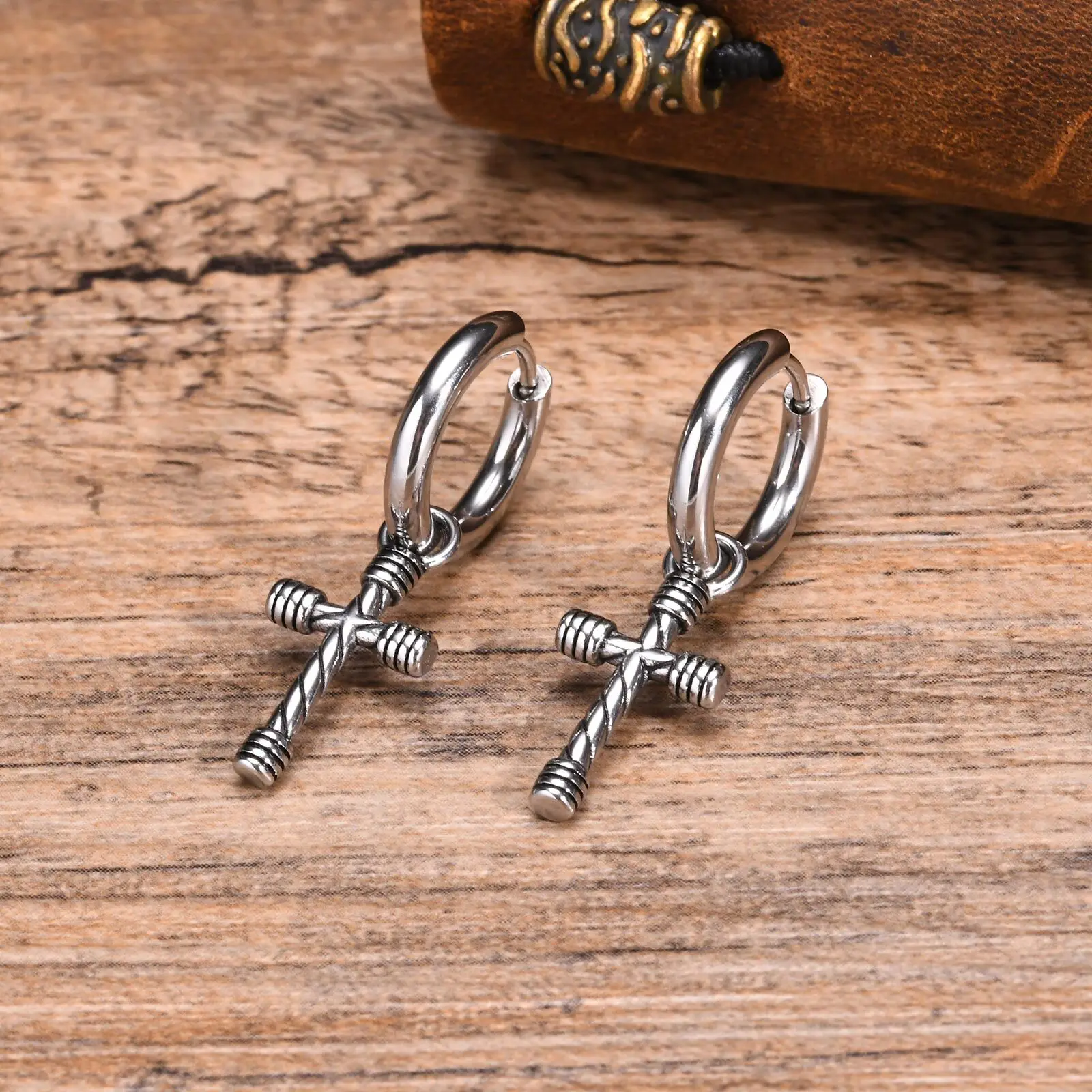 Waterproof Cross Earrings for Men Boys,Stainless Steel Dangle Hoop Earrings,Punk Hip Pop Jewelry Gift for Christmas Birthday