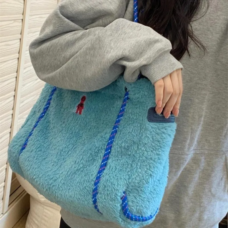 Cute Color Block Faux Shearling Tote Bag Women Plush Large Capacity Panel Shoulder Bags Ladies Cartoon Embroidered Underarm Bag