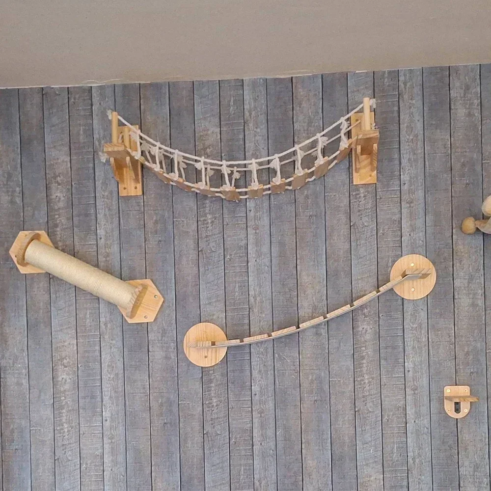 Wall-Mounted Cat Climbing Playground with Scratching Post, Hammock, and Sisal Ladder