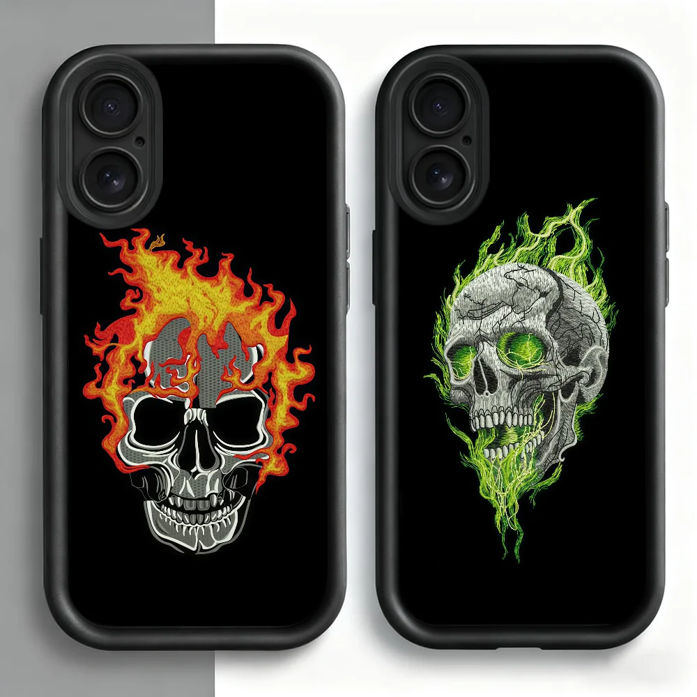 Skull Flame Embroidery Black Soft Shell Phone Case with Lens Protection