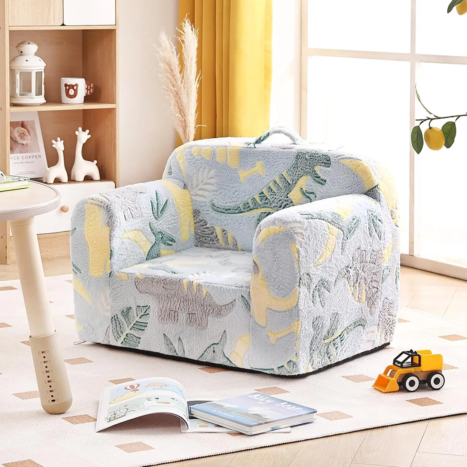Children's sofa with handles and side pockets, Children's Foam Chair, Light Children's Sofa Chair (Grey Dinosaur) 2