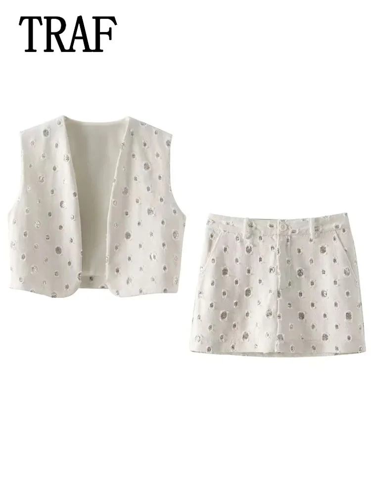TRAF Women Sequin Cardigan Vest Mini Skirts Set Summer Fashion Lady Zipped Skirts Sets Streetwear Two Piece Set Women Outfit
