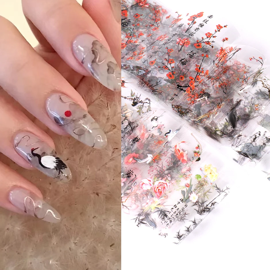 10pcs Chinese Style Nail Art Foils Ink Painting Characters Cloud Crane Design Transfer Sliders New Year DIY Decor Stickers DXK12 1