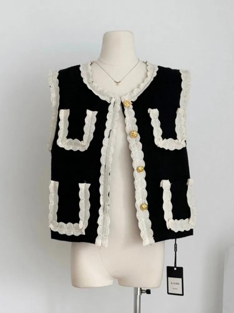 

New French Elegant Ruffle Stitching Tweed Brand Vest Tank For Women Luxury Female High-End Chic O-Neck Top OuterWear