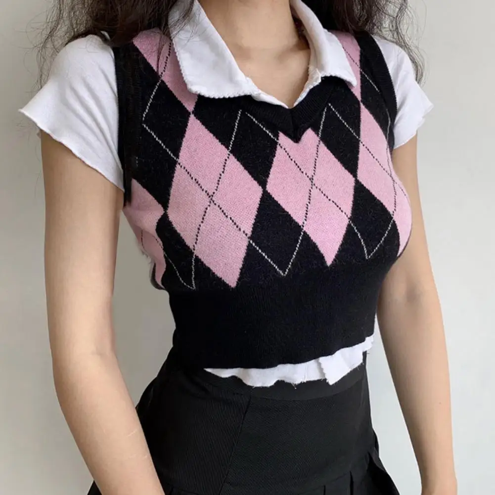 

Vintage Rhombus Plaid Pattern Short Sweater Vest Girls Knitting Top V Neck Knitted Sweater Vest for Daily Wear