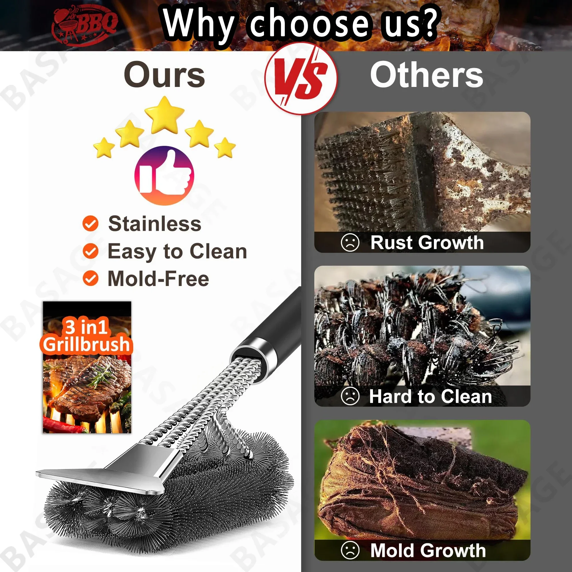 Heavy Duty Safe Grill Brush-Bristle Free BBQ Grill Brush with Rust Resistant Stainless Steel Woven Wire