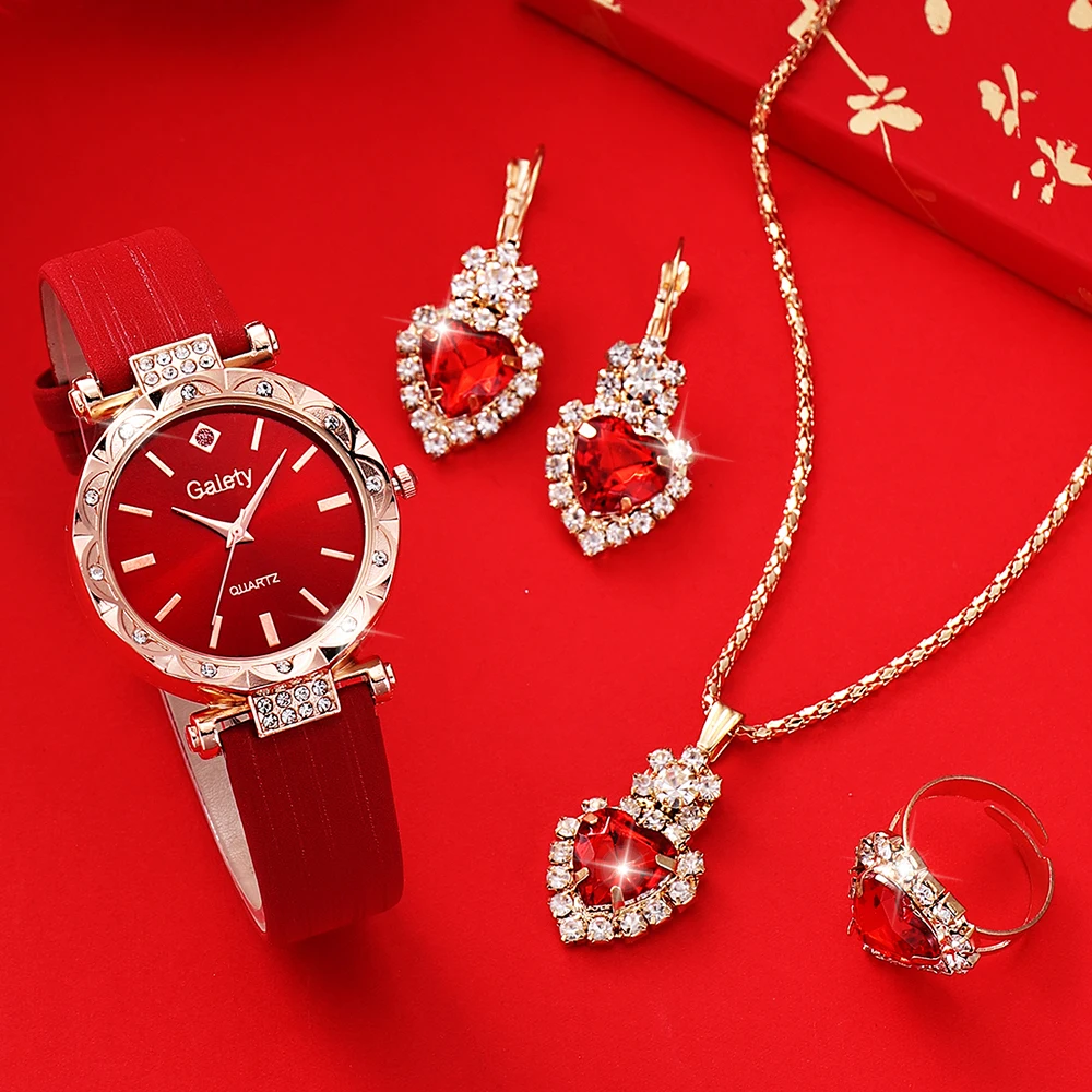 5 Women's Quartz Watches With Red Leather Straps, Heart-shaped Necklaces, Earrings, And Rings. Gifts For Eid Al Fitr 2
