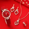 5 Women's Quartz Watches With Red Leather Straps, Heart-shaped Necklaces, Earrings, And Rings. Gifts For Eid Al Fitr 2