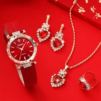 5 Women's Quartz Watches With Red Leather Straps, Heart-shaped Necklaces, Earrings, And Rings. Gifts For Eid Al Fitr 2