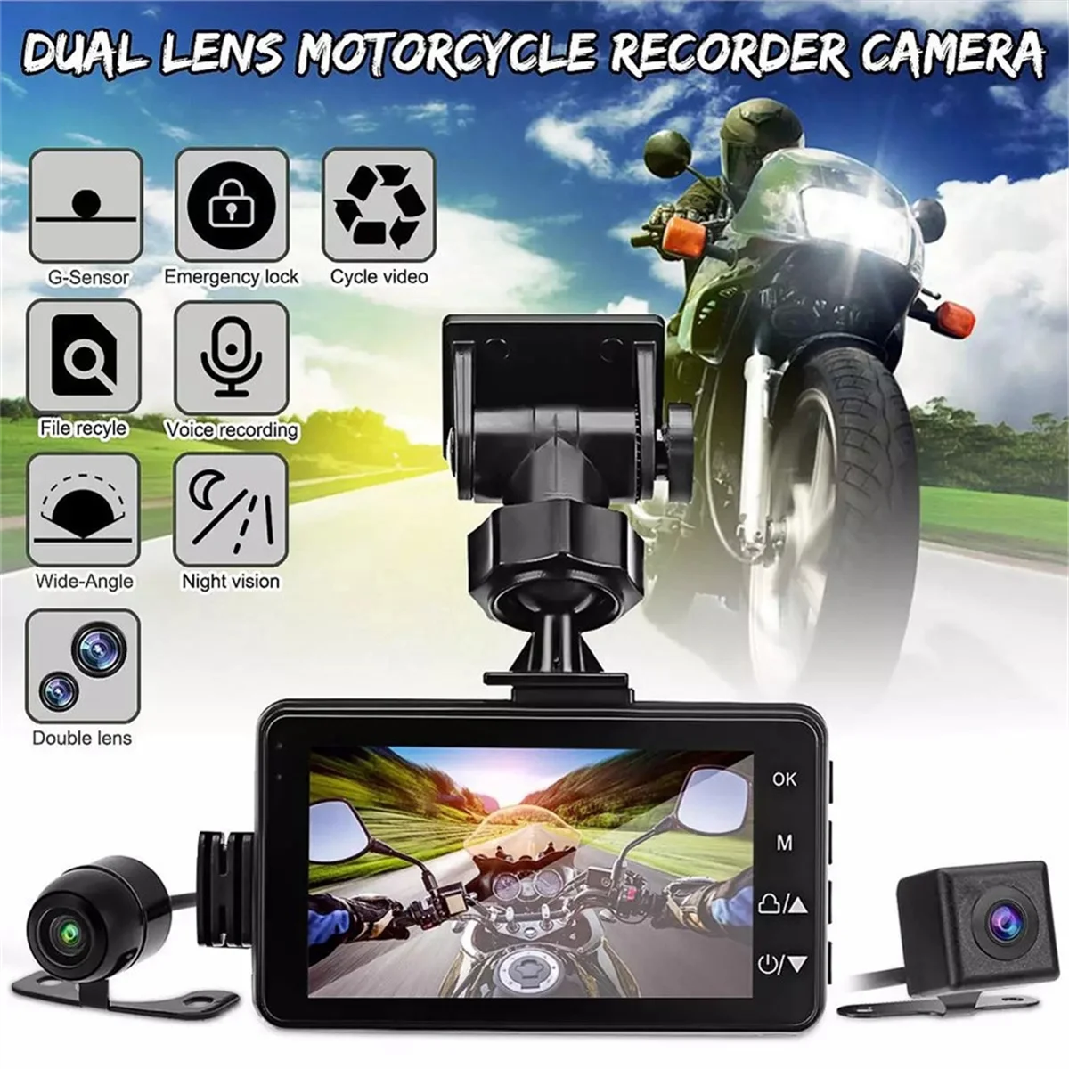 Motorcycle DVR Dash Camera with Front Rear Camera Dual Video Loop Recording Waterproof Motorbike Driving Recorder Cam XY