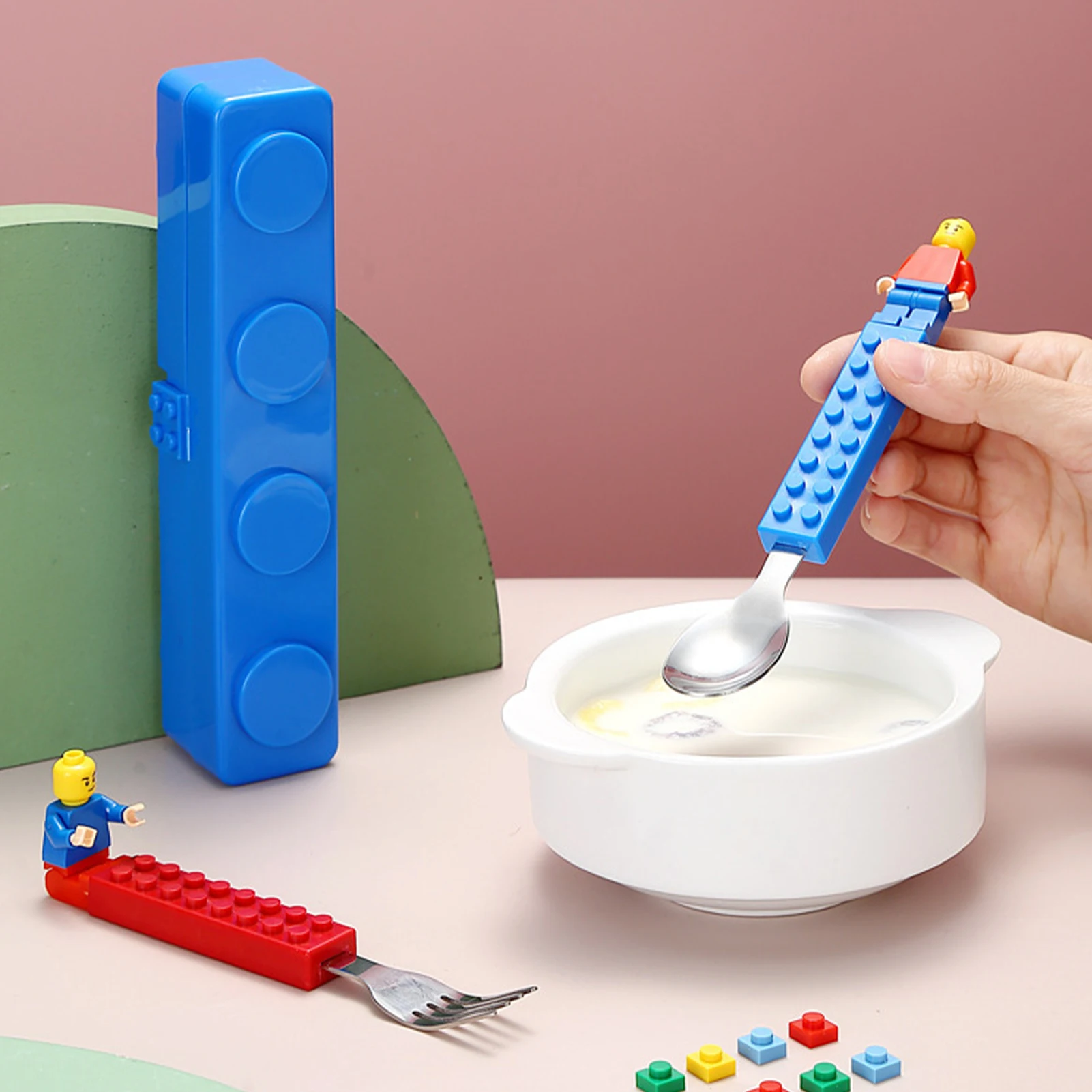 Stainless Kids Funny Fork Spoon Set for Children Building Block Toys