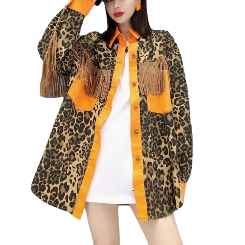 

2022 Tassel Coat Large Size Casual Loose Baseball Jacket Leopard Women's Coat Autumn Spring Coat Rivet Outwear for Woman XC199