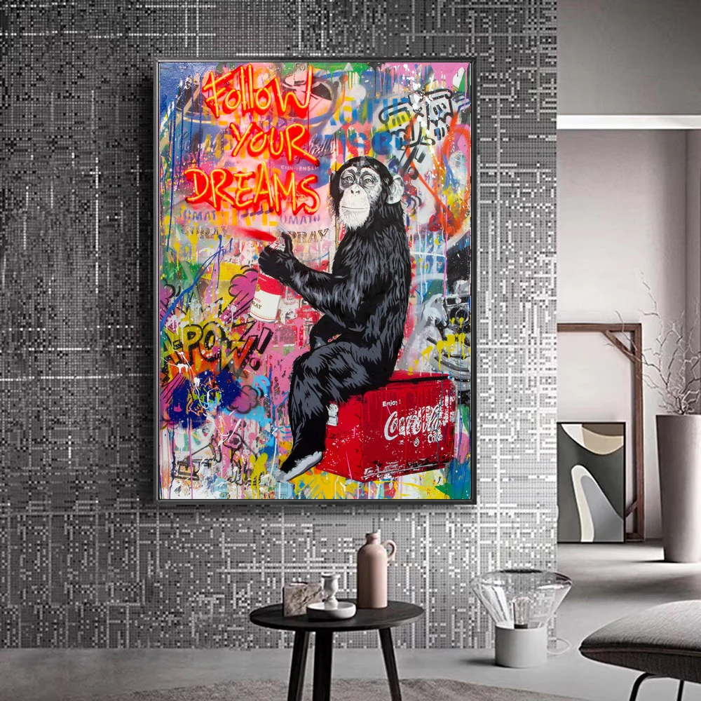 

Street Monkey Graffiti Art Canvas Painting Follow Your Dream Wall Pictures for Living Room Wall Art Posters Prints