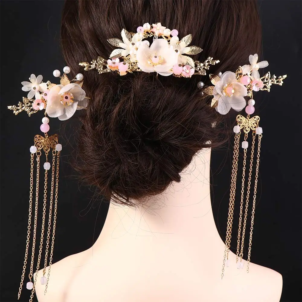 

Women Headpiece Handmade Chinese Tassel Fashion Flower Hanfu Hair Stick Headwear Sets Earrings Hair Comb