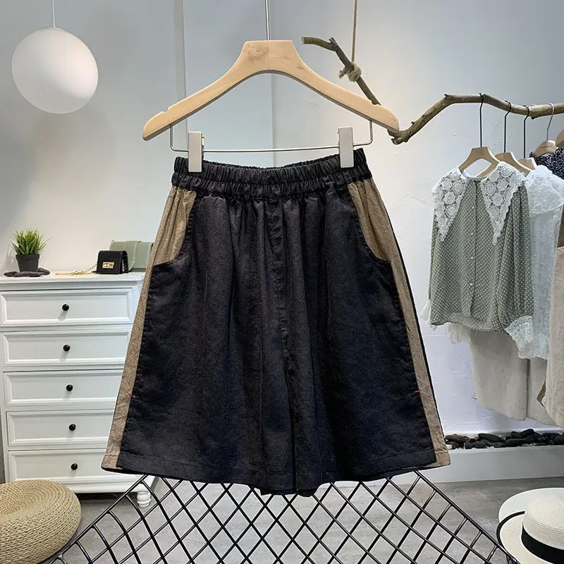 2024 Women's New Summer Simplicity Commute Elasticized High-waisted Spliced Contrast Color Pockets Loose Casual Wide-leg Shorts