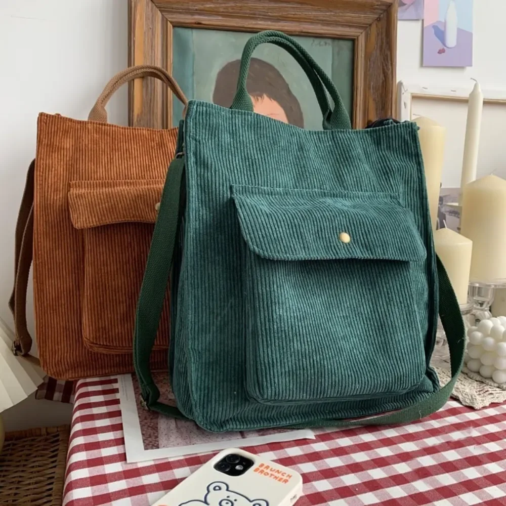 

Women Vintage Shopping Bags Zipper Girls Student Bookbag Handbags Casual Tote with Outside Pocket Autumn Corduroy Shoulder Bag