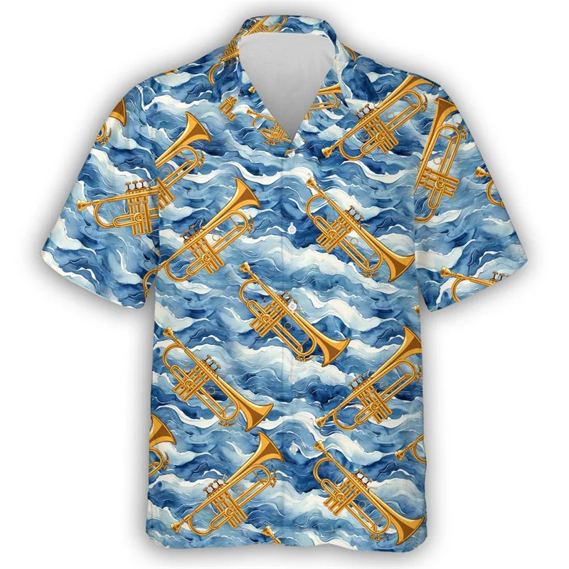Camisa hawaiana con estampado de instrumentos musicales para hombre, camisas hawaianas con estampado 3D de flores coloridas, blusas casuales de verano de manga corta con solapa