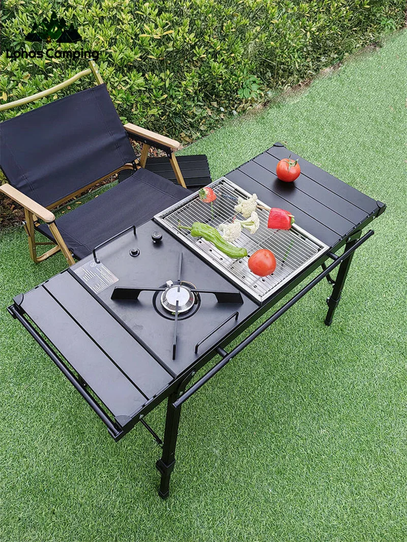 Camping Table Lohascamping Lightweight Camping Folding multifunctional IGT table roll Brazier table adjustable leg Desktop burner bbq