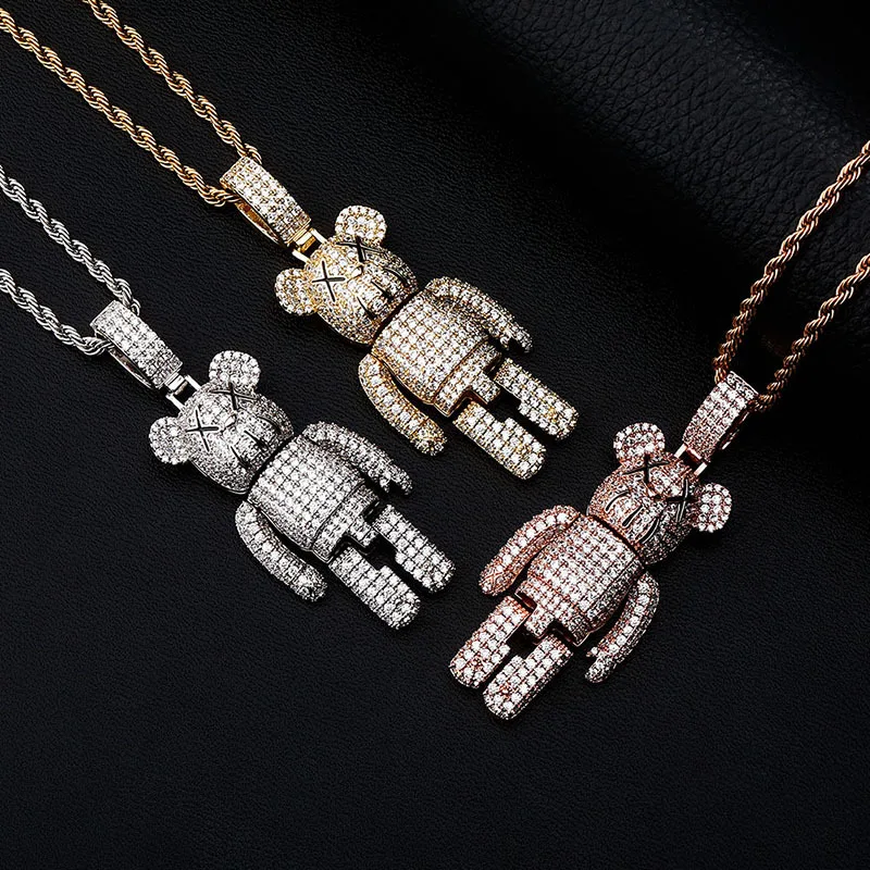 

Hip Hop Claw Setting AAA+ CZ Stone Bling Iced Out Cute Cartoon Bear Doll Pendants Necklaces for Women Men Rapper Jewelry Gift