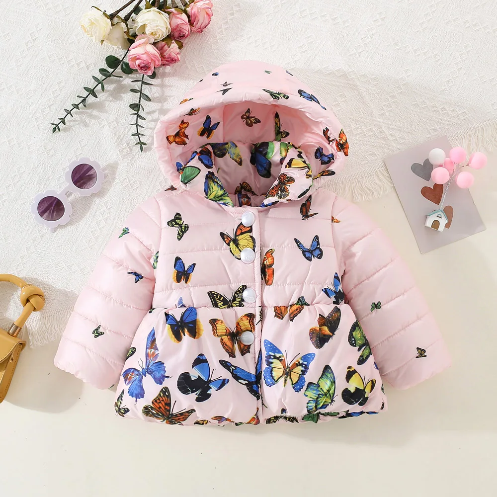 Girls Winter Cotton Jacket Thickened Warm Butterfly Printed Hooded 0-3 Years