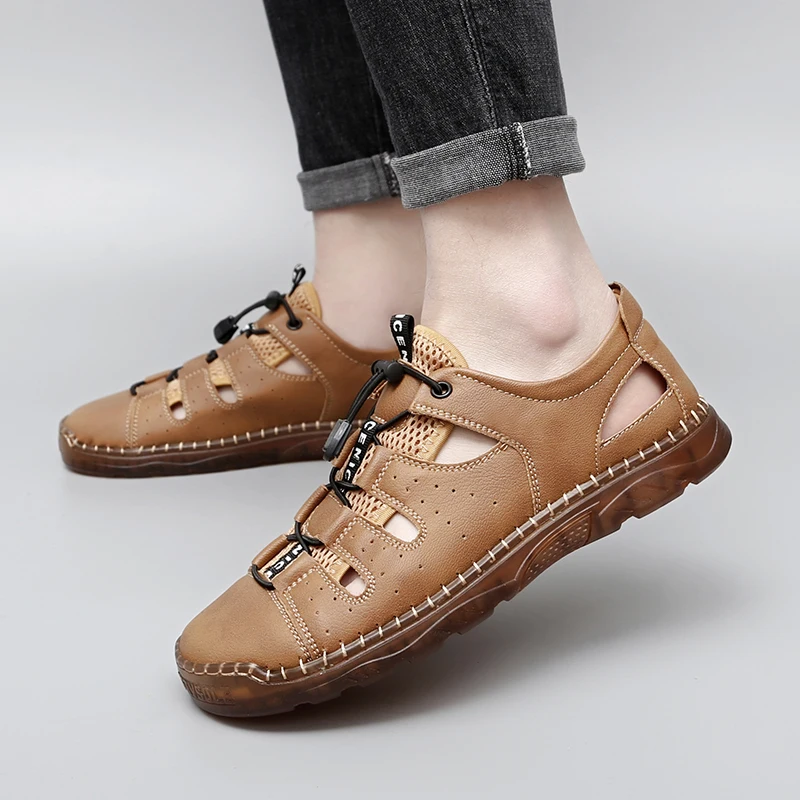 

Сандалии мужские прогулочные, натуральная кожа, сетчатые, Нескользящие, летняя пляжная обувь для походов, повседневные, большие размеры