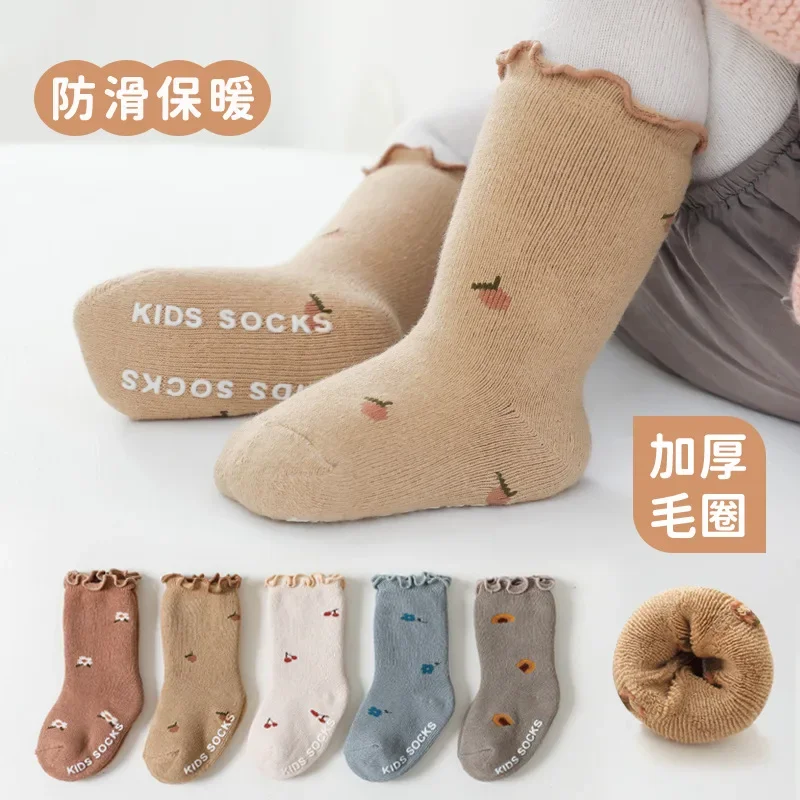 

New Autumn and Winter Wool Thickened Baby Socks Wooden Ear Edge Girls Baby Socks Newborn Non-slip Floor Socks