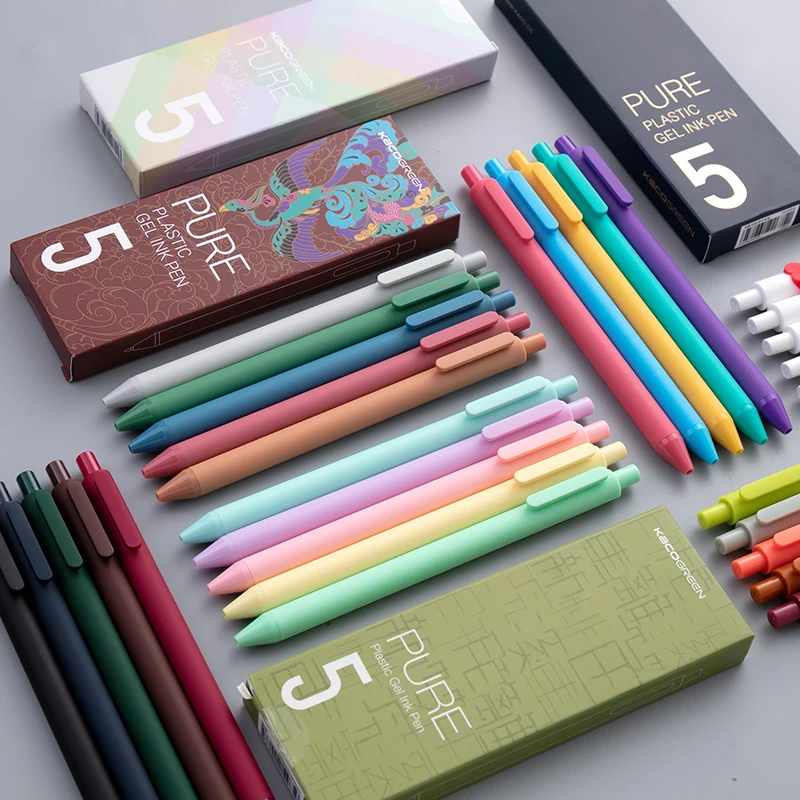 Kaco PURE Retractable Gel Ink Pen,5-Pack of Assorted Color Ink Refills,0.5mm Extra Fine Point, Coloured Glaze,School Office 4