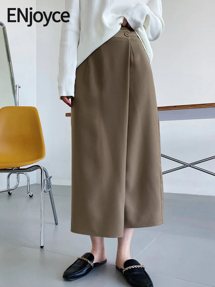 

ENjoyce Spring Fall Women Retro Irregular One-Button Slant Placket Suit Skirts Korean Fashion High Waist Split Skirt Workwear