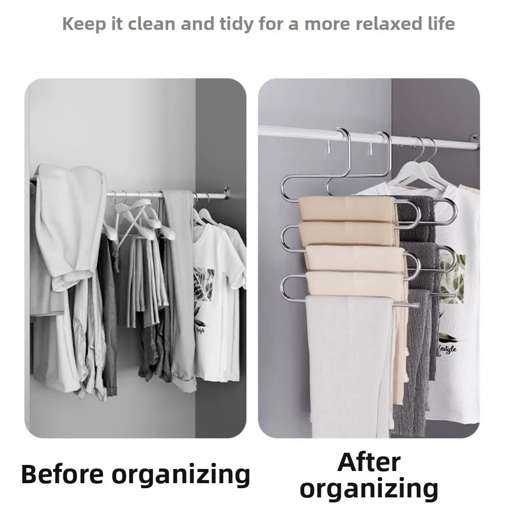 5pcs Stainless Steel Pants Rack Five-Layer Anti Slip Storage Rack Multi-Functional S-shaped Design Multi-Layer Hanger