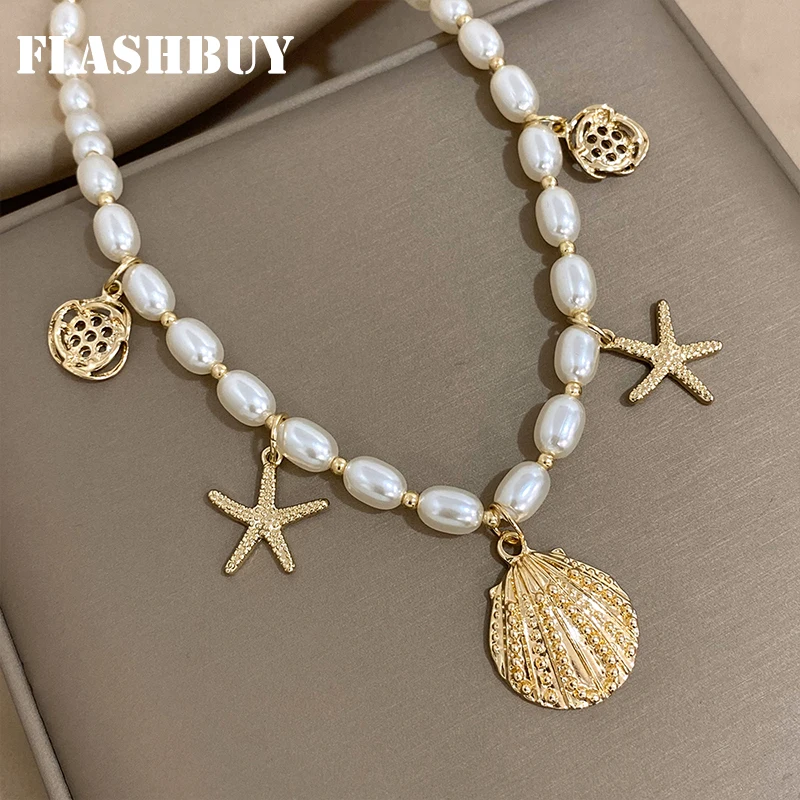 Pearl Studded Starfish Seashell Charm Link Statement Necklace