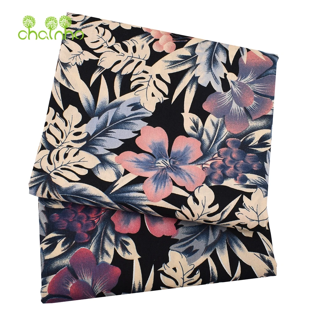 Chainho,Printed Plain Weave Poplin Cotton Fabric,DIY Sewing Quilting Material,Patchwork Cloth,Dark Floral Series,4 Sizes,PCC31