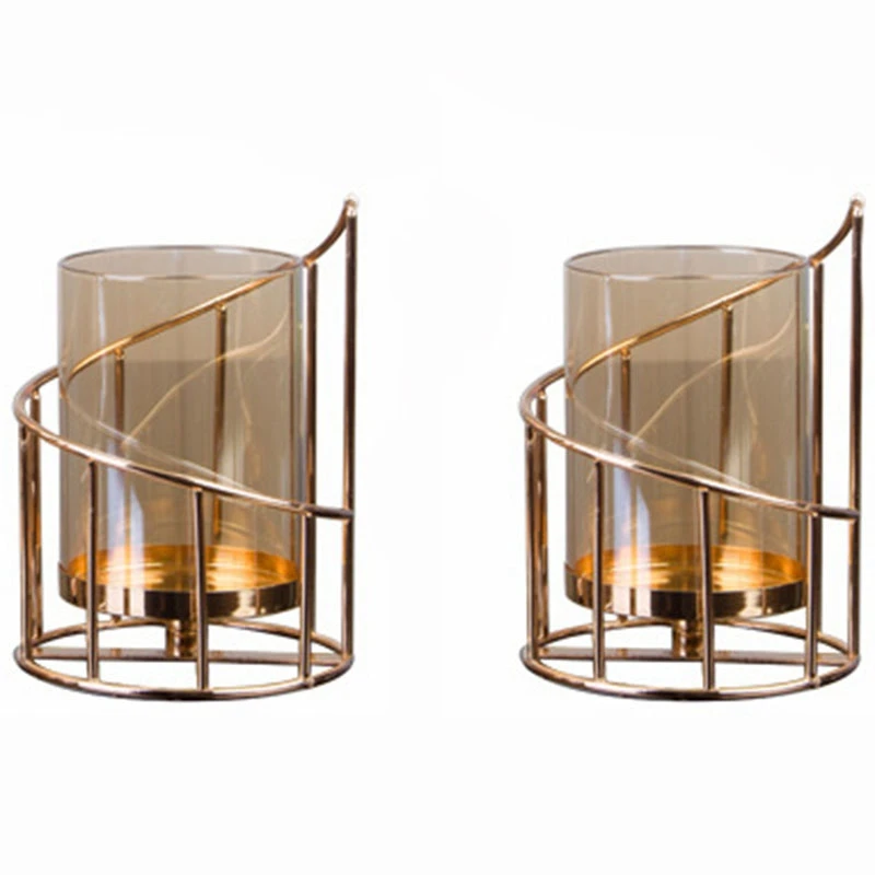 

2PCS Gold Iron Candle Holder Geometric Candlestick Romantic Crystal Candle Cup Home Decoration Table Decoration