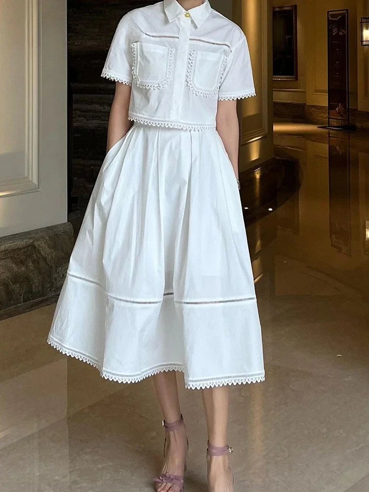 Elegant Two Piece Sets for Women Lapel Short Sleeve Tops High Waist A Line Pleated Skirts Solid Set Female Summer 2024  Dress