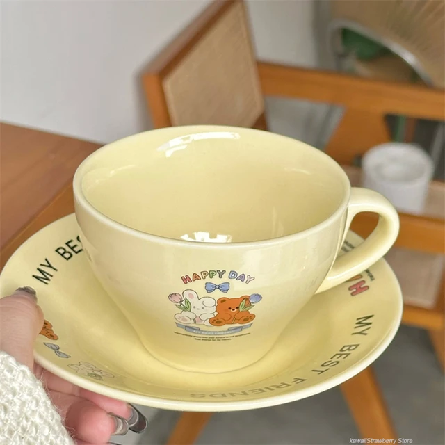 Cute Bear Peach Strawberry Coffee Cup Kawaii Ceramic Mugs Creative Tea Milk  Breakfast Water Cup With Lid Spoon Birthday Gift - Mugs - AliExpress