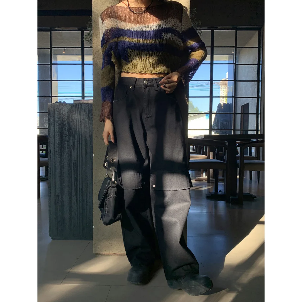 Personality Tooling Fake Pocket Korean Jeans Womens Four Seasons Ins Joker Wide-leg Casual Pants  High Waisted Jeans