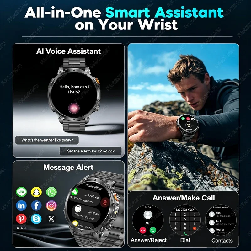 Montre connectée robuste pour homme 2026, batterie 1400 mAh, écran HD 1,7 pouces, appels Bluetooth, étanche 10 ATM, moniteur de fréquence cardiaque, tracker d'activité sportive S