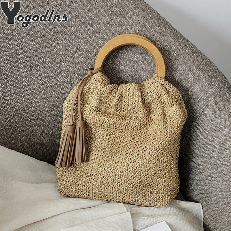 Bolsos de mano bohemios de paja con mango de madera para mujer, diseño de marcas, bolsos de informales, bolso de hombro para compras en la playa de verano| | - AliExpress